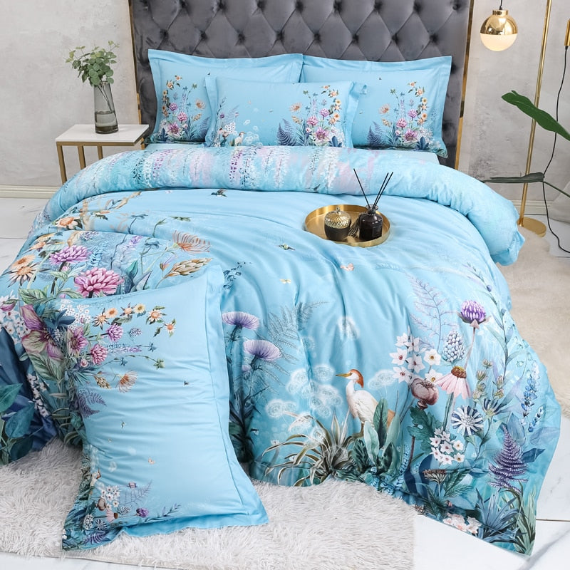 Azure Bloom Bettbezug-Set (Ägyptische Baumwolle, 500 TC) | Brehn