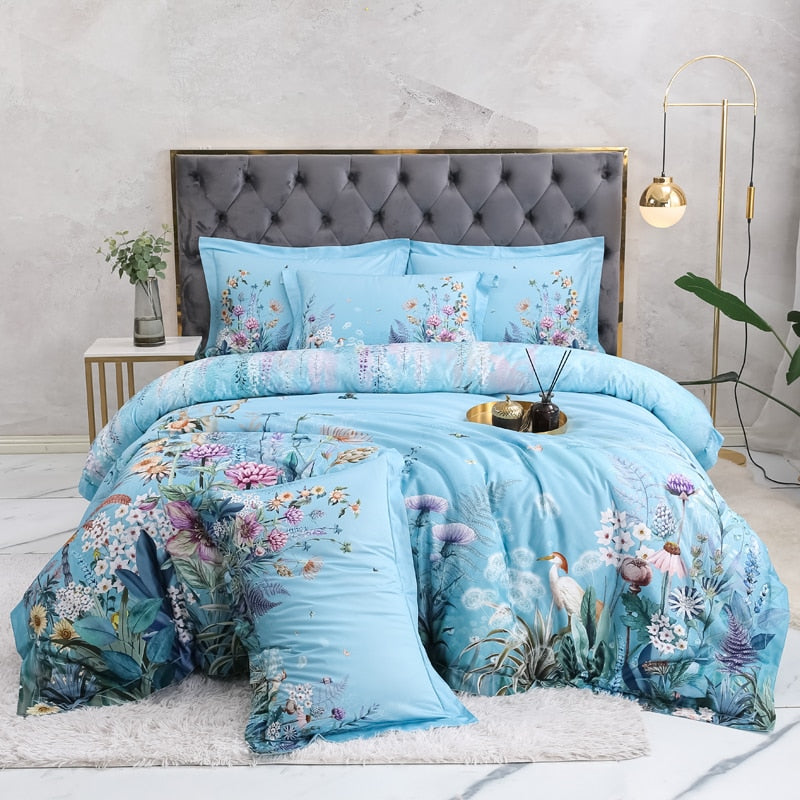 Azure Bloom Bettbezug-Set (Ägyptische Baumwolle, 500 TC) | Brehn