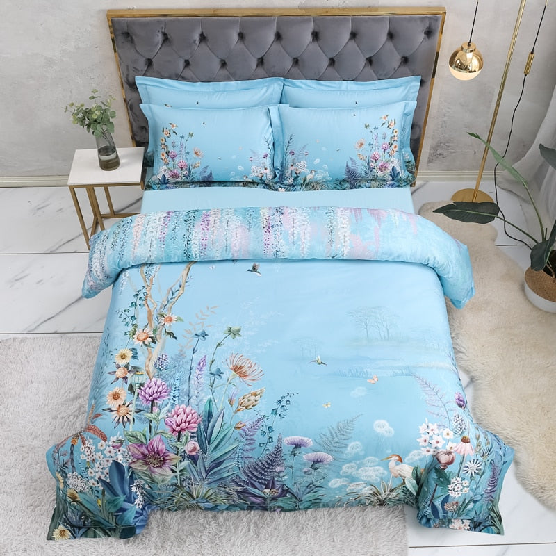 Azure Bloom Bettbezug-Set (Ägyptische Baumwolle, 500 TC) | Brehn