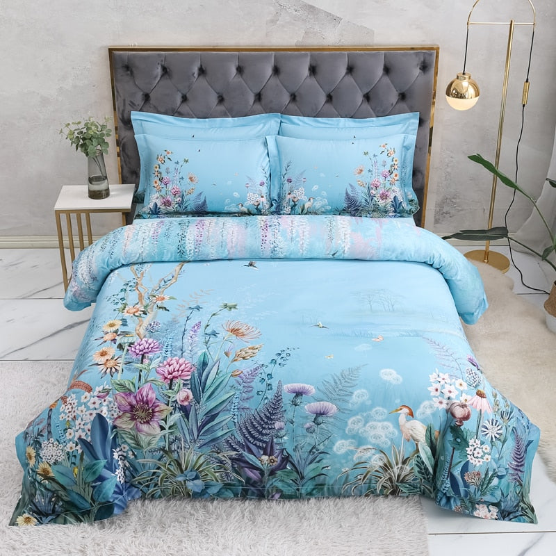 Azure Bloom Bettbezug-Set (Ägyptische Baumwolle, 500 TC) | Brehn