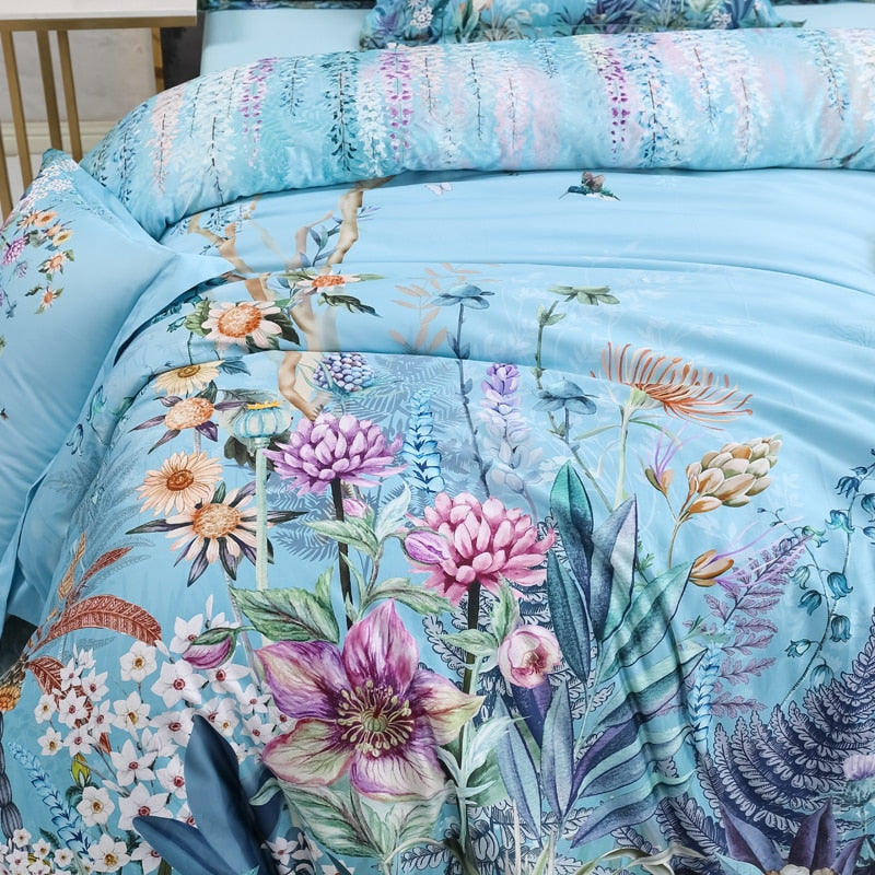 Azure Bloom Bettbezug-Set (Ägyptische Baumwolle, 500 TC) | Brehn