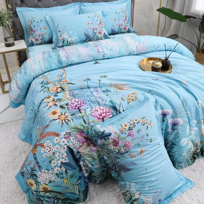 Azure Bloom Bettbezug-Set (Ägyptische Baumwolle, 500 TC) | Brehn