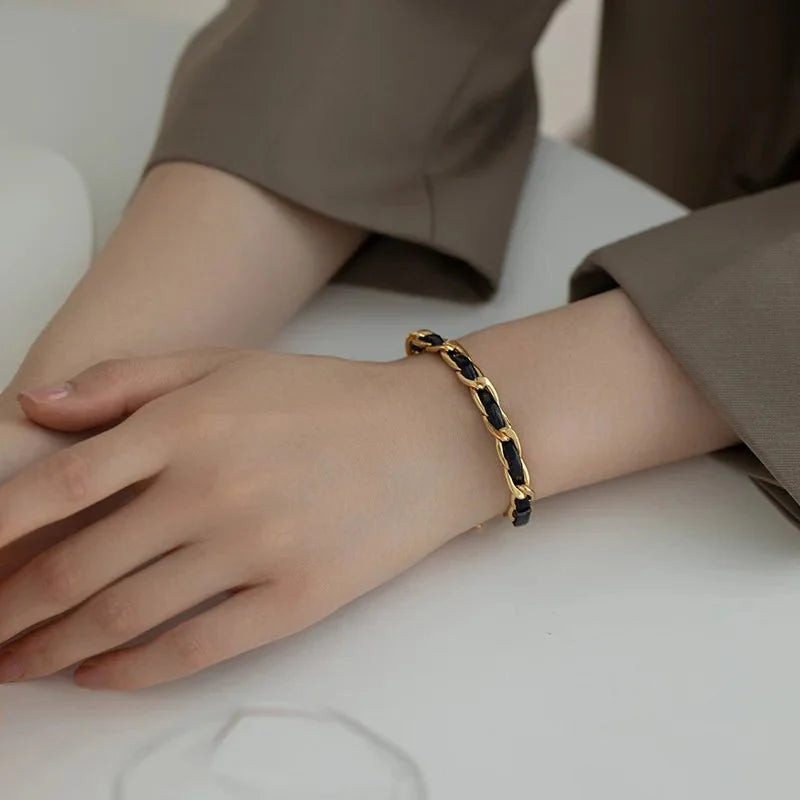 Brehn | Geflochtenes Gold- und Schwarzes Ketten-Lederarmband