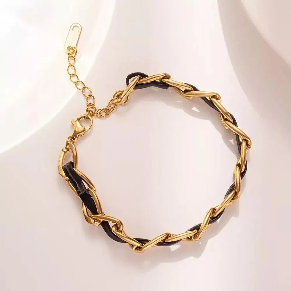 Brehn | Geflochtenes Gold- und Schwarzes Ketten-Lederarmband