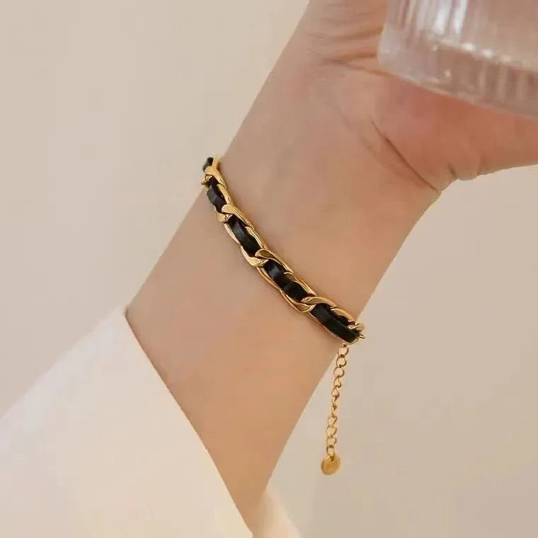 Brehn | Geflochtenes Gold- und Schwarzes Ketten-Lederarmband