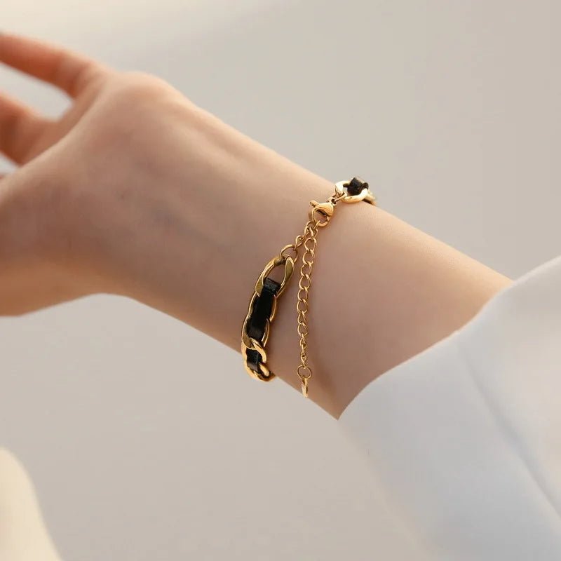 Brehn | Geflochtenes Gold- und Schwarzes Ketten-Lederarmband