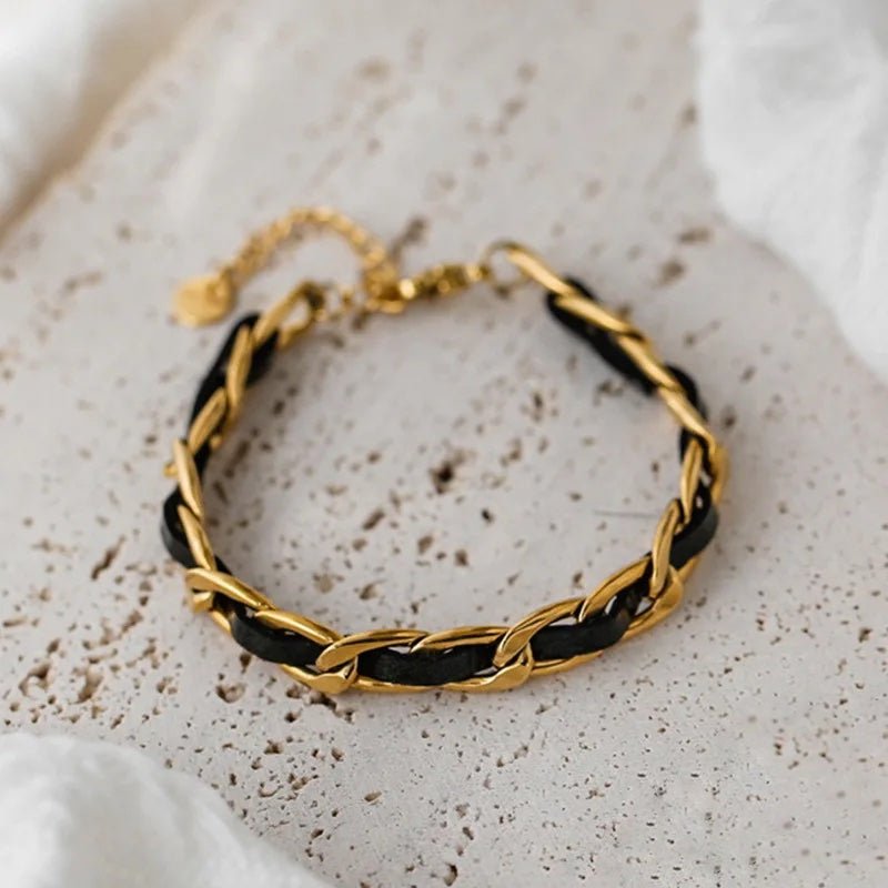 Brehn | Geflochtenes Gold- und Schwarzes Ketten-Lederarmband