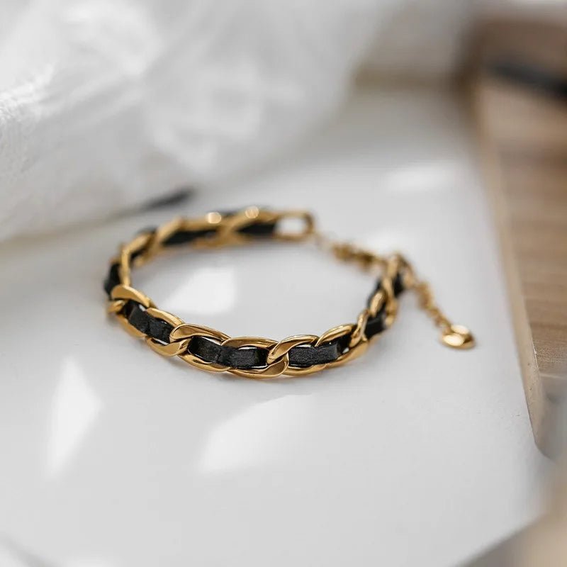 Brehn | Geflochtenes Gold- und Schwarzes Ketten-Lederarmband