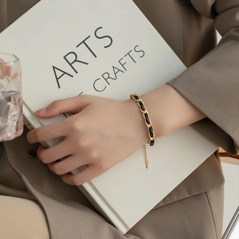 Brehn | Geflochtenes Gold- und Schwarzes Ketten-Lederarmband