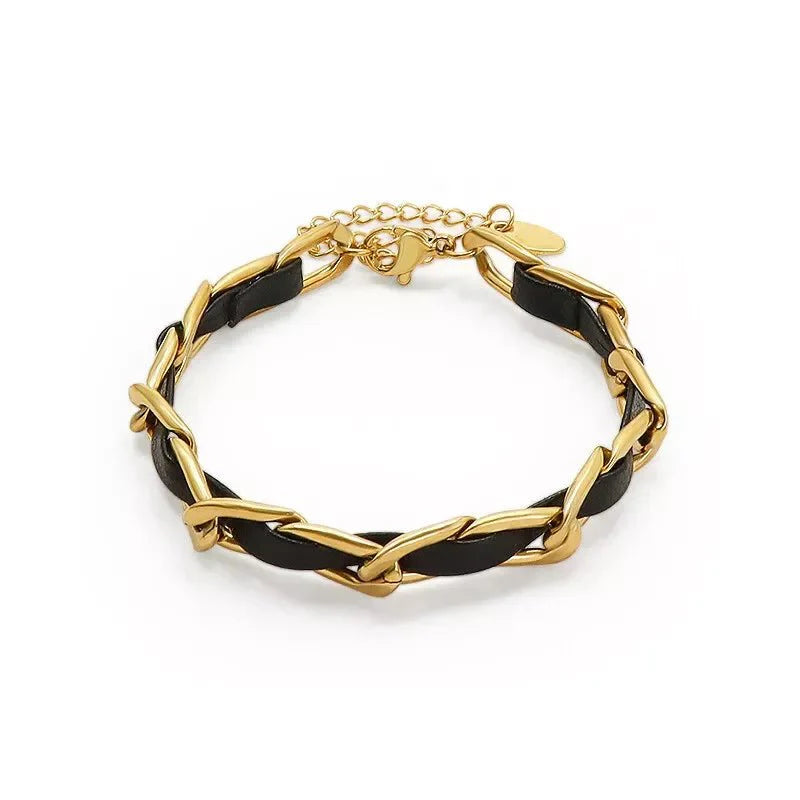 Brehn | Geflochtenes Gold- und Schwarzes Ketten-Lederarmband