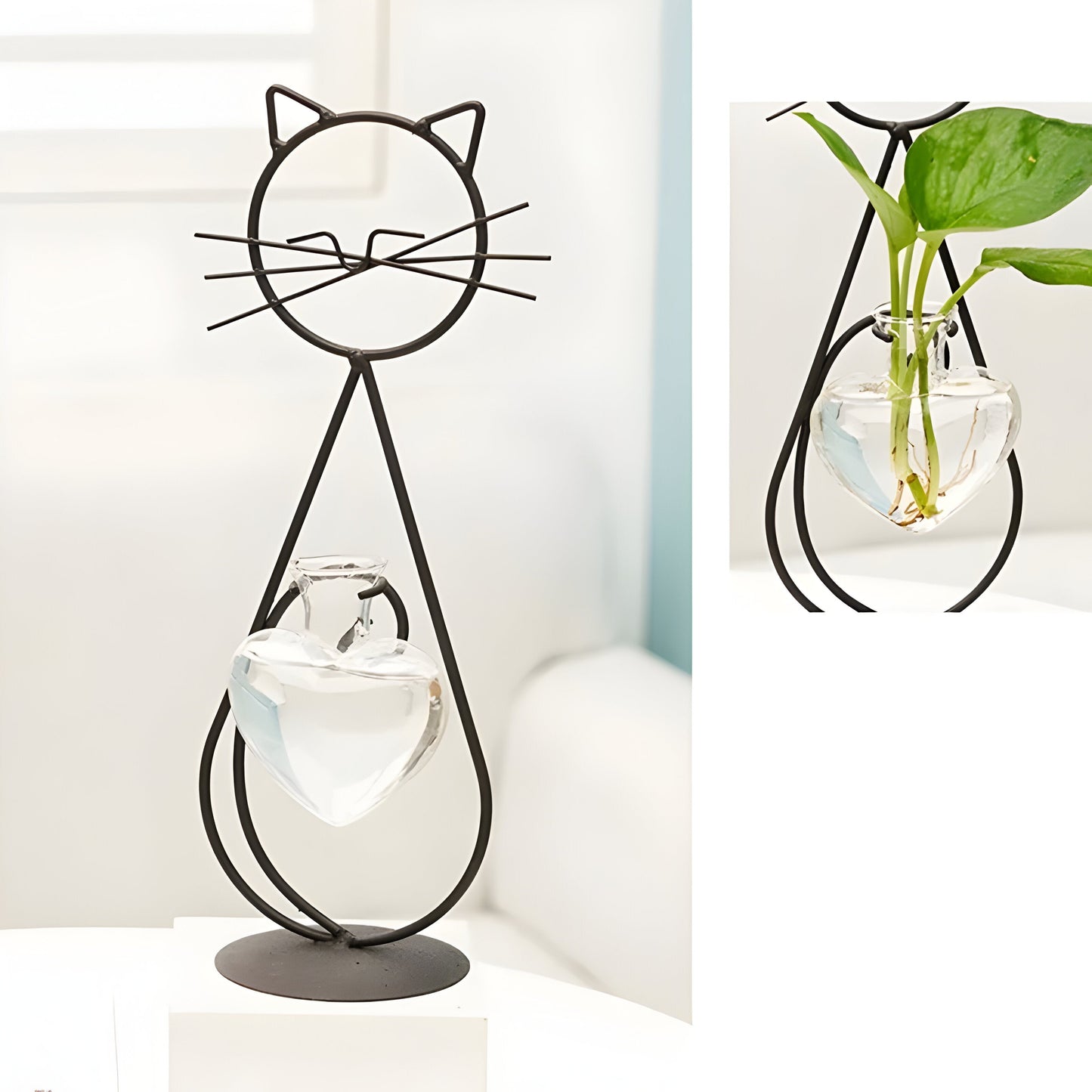 AquaPurr Vase - Hydroponische Glas Herzvase mit katzenförmigem Halter | Brehn