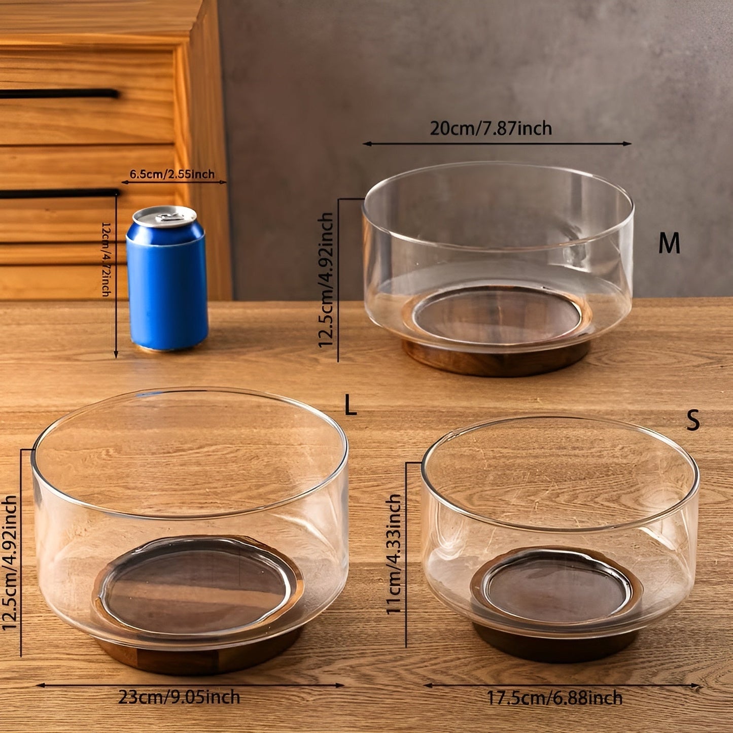 Glas-Schale mit Holzsockel – Elegant und dekorativ | Perfekt für Obst, Snacks und Salate in der Küche