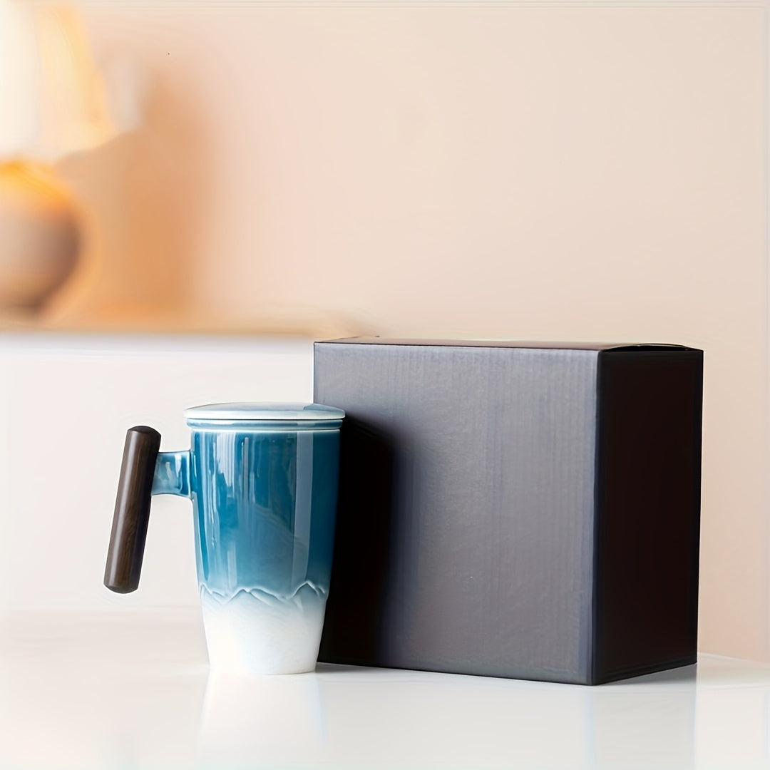 Brehn | TeaCraft Ceramic Mug | Handcrafted | With Tea Filter and Wooden Handle | Retro Design