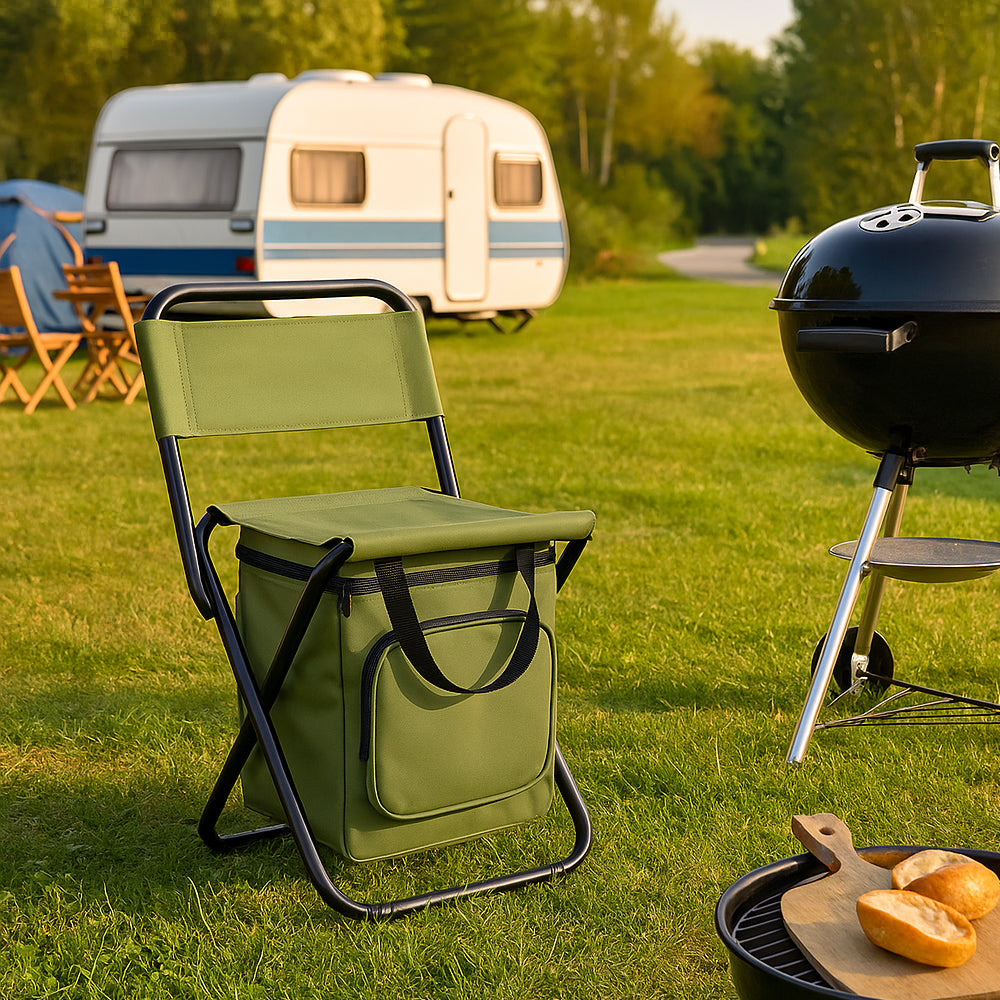 ChillPack Outdoor Stuhl – Faltbarer Campingstuhl mit Rückenlehne und integriertem Kühltasche | Brehn