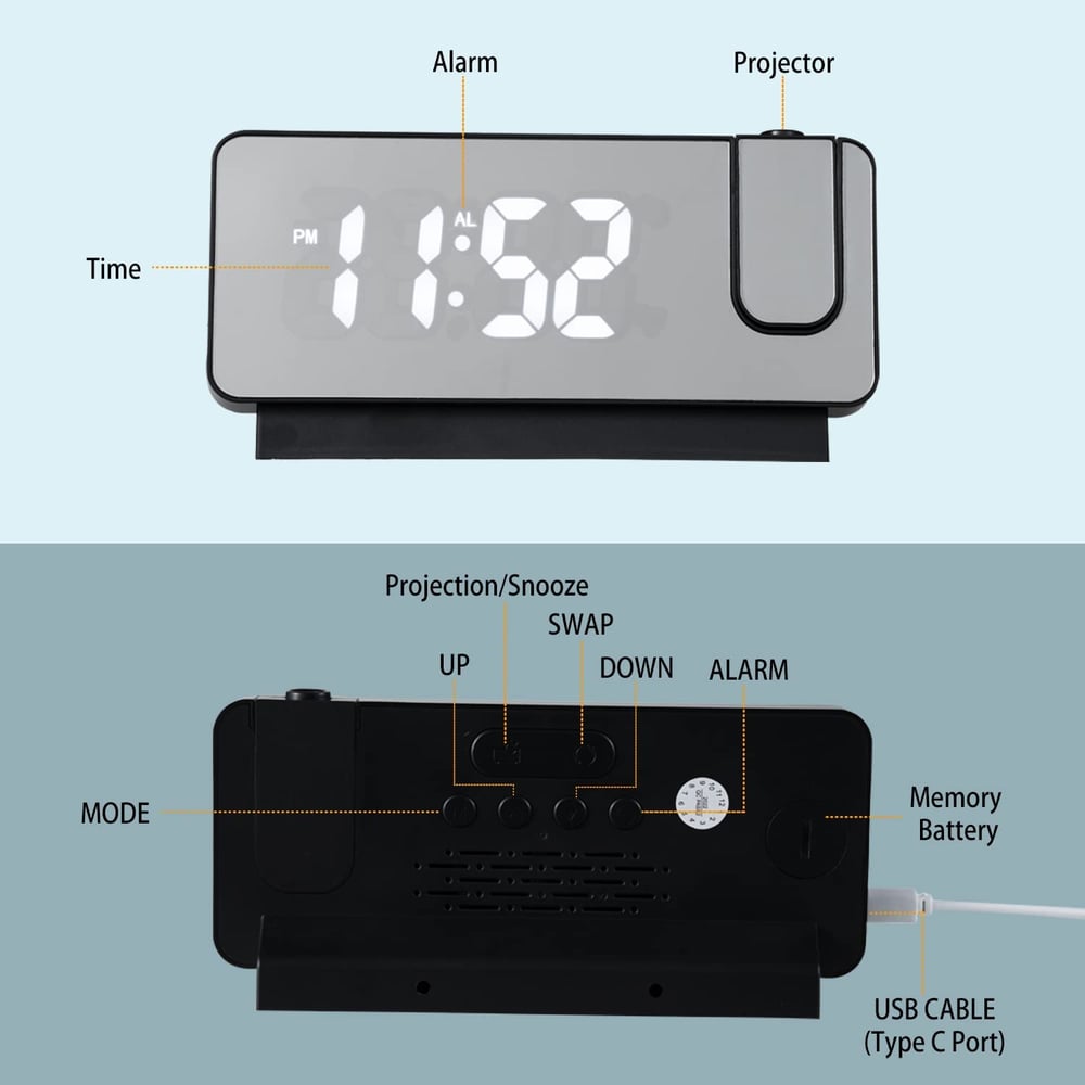 Projektionswecker | LED-Display mit Spiegeloberfläche | Zwei Alarme & Temperaturanzeige | 19 cm