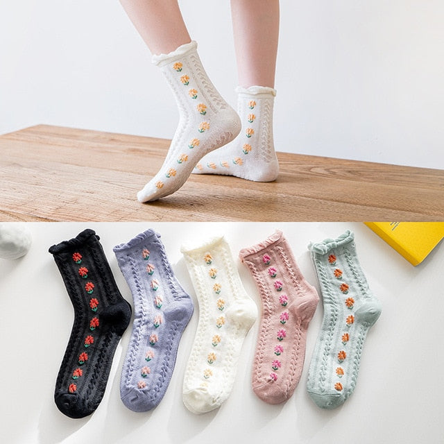 5 Paar Socken im Vintage-Stil mit Blumenstickerei