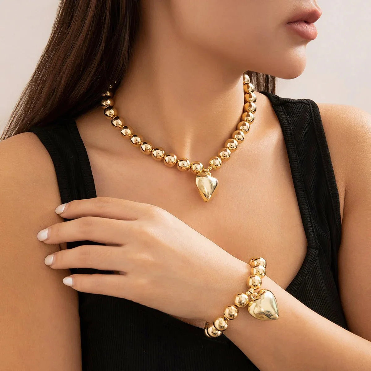 Brehn | Chunky Herz Anhänger Halsketten- und Armband-Set