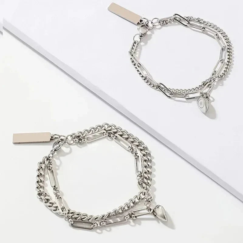Brehn | Paar Magnetisches Herz Cuban & Paperclip Ketten Armband Set