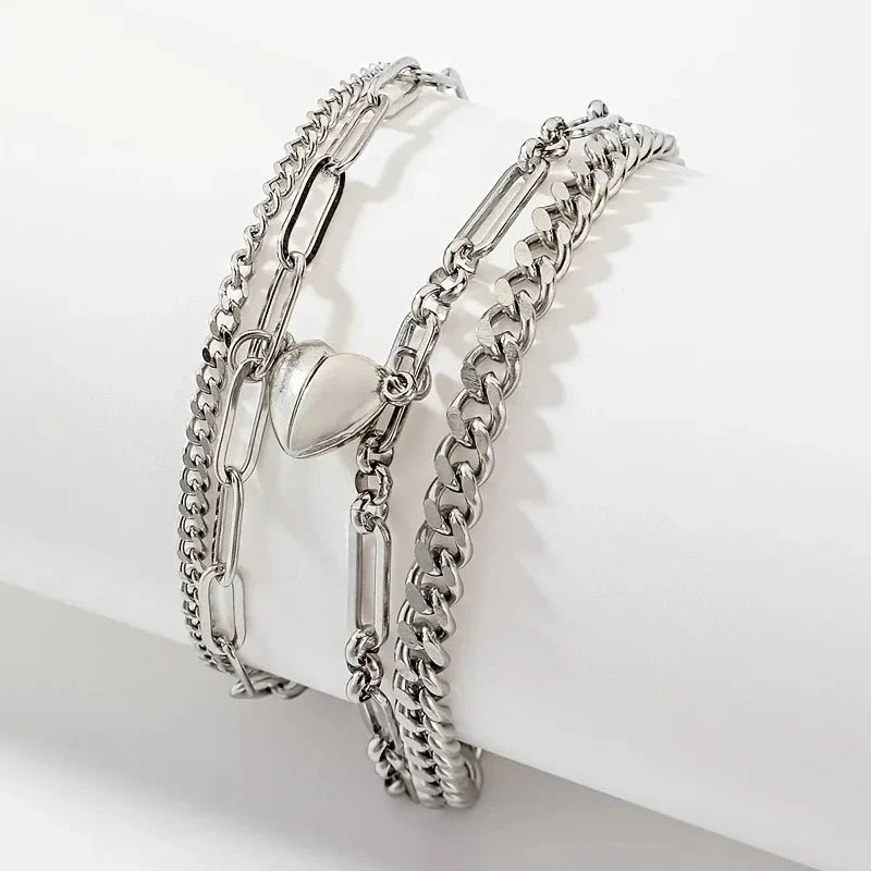 Brehn | Paare Magnetisches Herz Cuban & Büroklammer Kette Armband Set