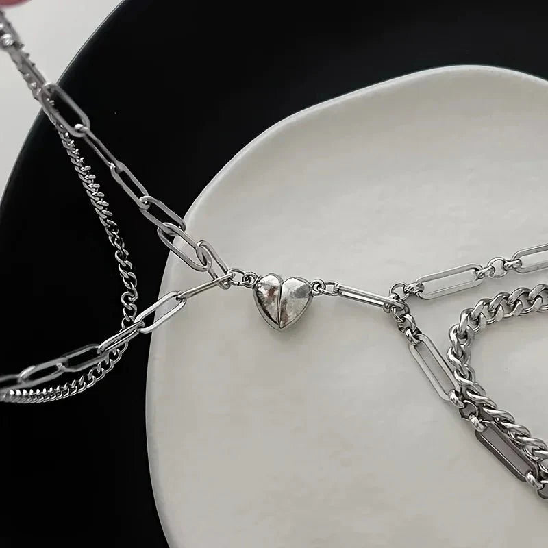 Brehn | Paare Magnetisches Herz Cuban & Büroklammer Kette Armband Set