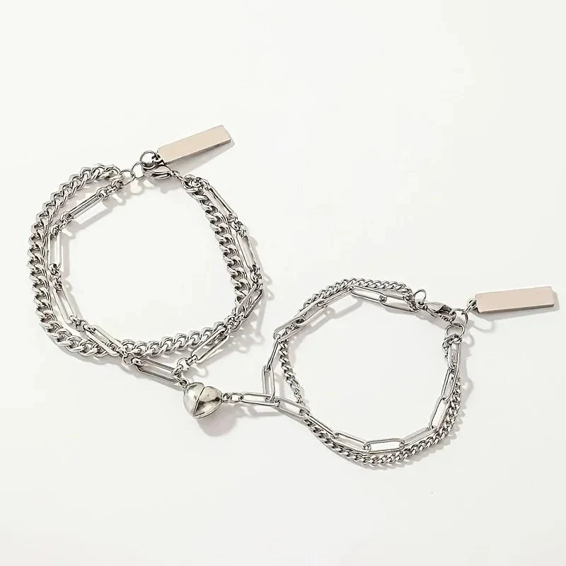 Brehn | Paare Magnetisches Herz Cuban & Büroklammer Kette Armband Set