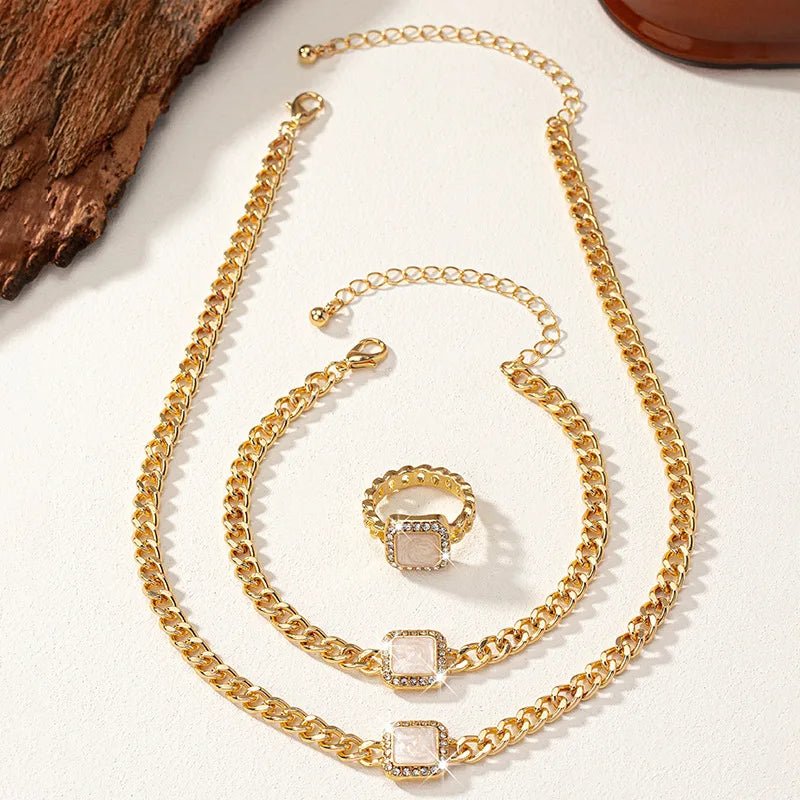 Brehn | Kubanisches Quadrat-Diamant-Halsband, Armband und Ring-Set