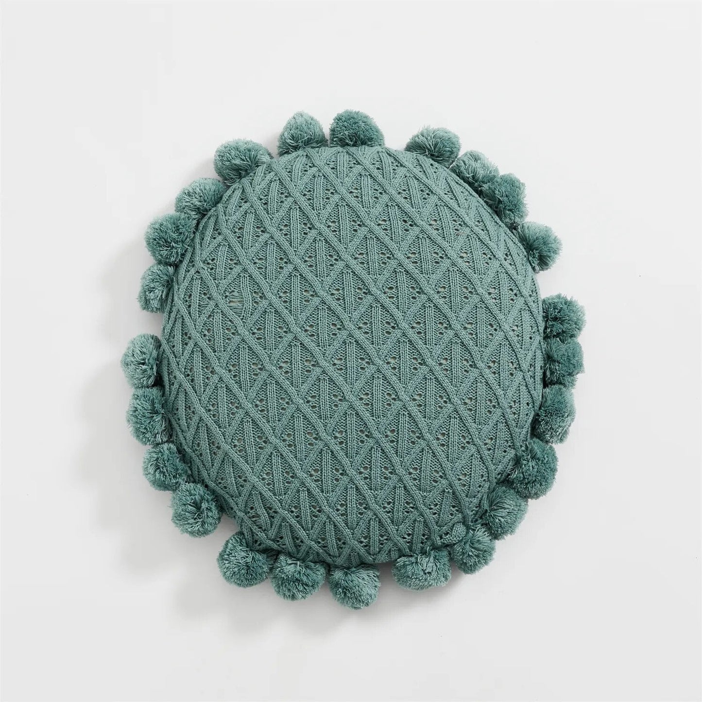 Süßes Pompom Quasten Rundes Gemütliches Kissen aus Acrylstrick | Brehn