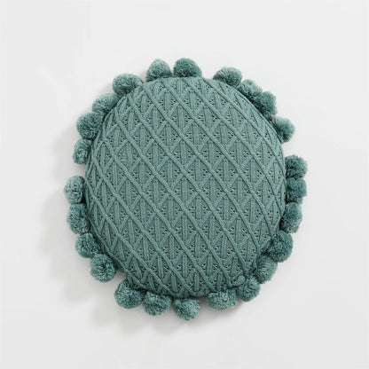 Süßes Pompom Quasten Rundes Gemütliches Kissen aus Acrylstrick | Brehn