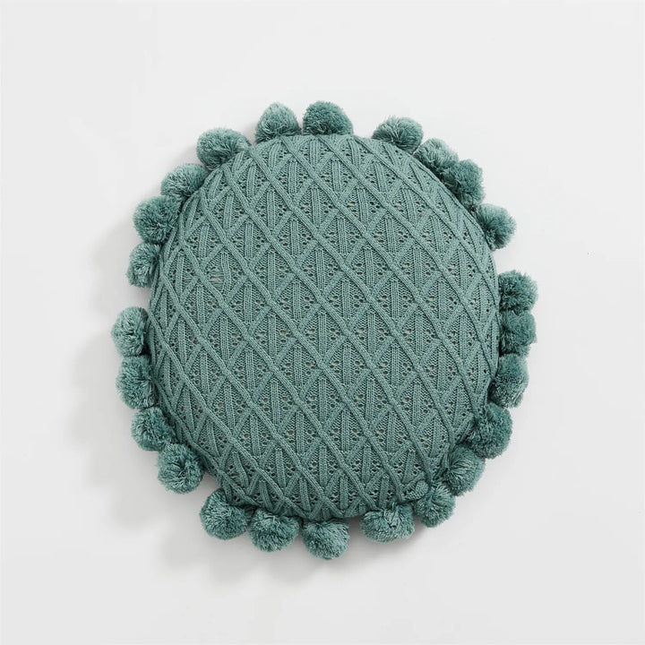 Süßes Pompom Quasten Rundes Gemütliches Kissen aus Acrylstrick | Brehn