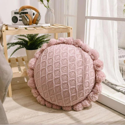 Süßes Pompom Quasten Rundes Gemütliches Kissen aus Acrylstrick | Brehn