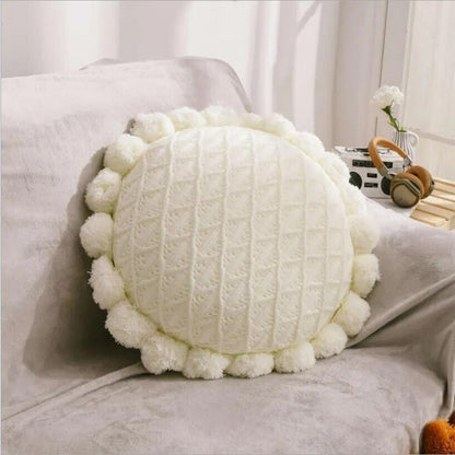 Süßes Pompom Quasten Rundes Gemütliches Kissen aus Acrylstrick | Brehn