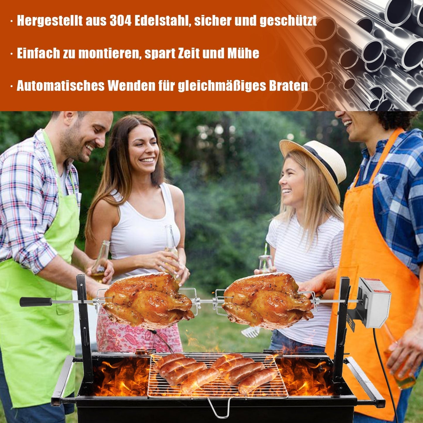 BBQ Grillspieß Edelstahl Motor 4x Fleischnadel | Brehn