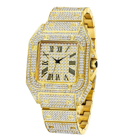 Brehn | MISSFOX Ice Out Square Herrenuhr | 18K Gold Nano-Vakuum-Beschichtung | Schweizer Quarz-Uhrwerk | Vollbesetzt mit Lab-Diamanten | Edelstahl-Gehäuse | Wasserdicht 3 ATM