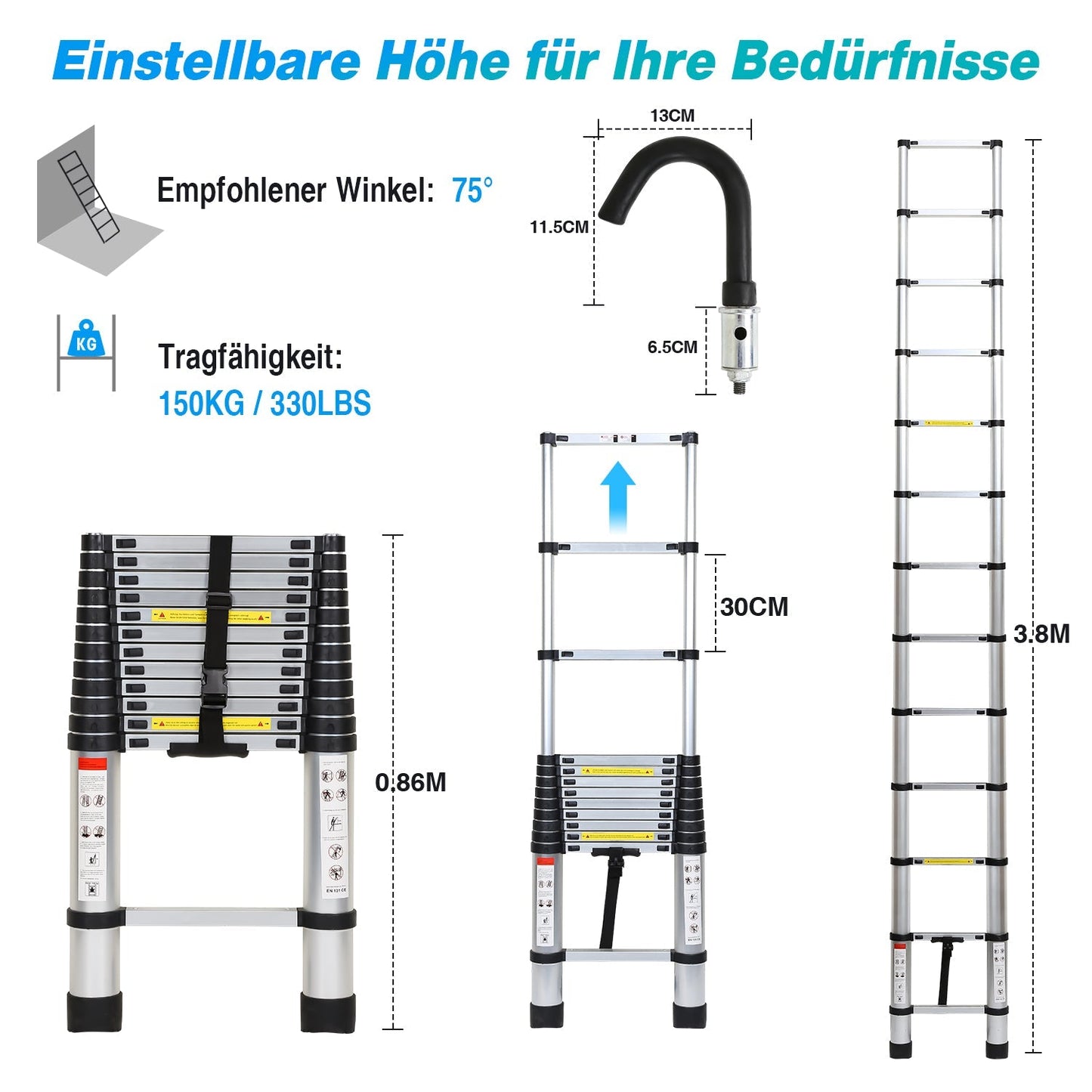 Teleskopleiter mit 2 Abnehmbarem Haken | Brehn