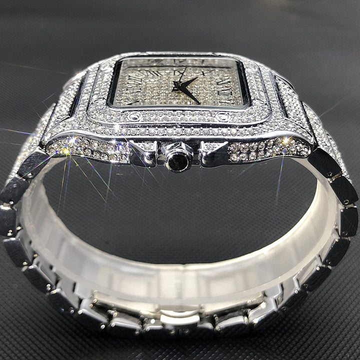Brehn | MISSFOX Ice Out Square Herrenuhr | 18K Gold Nano-Vakuum-Beschichtung | Schweizer Quarz-Uhrwerk | Vollbesetzt mit Lab-Diamanten | Edelstahl-Gehäuse | Wasserdicht 3 ATM