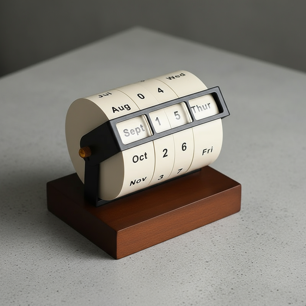 Brehn | Mid-Century Rotierender Holz Perpetual Schreibtischkalender