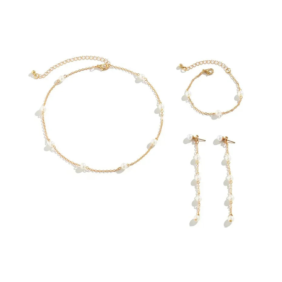 Brehn | Zarte Kettenperlenarmband-, Halsketten- und Ohrring-Set