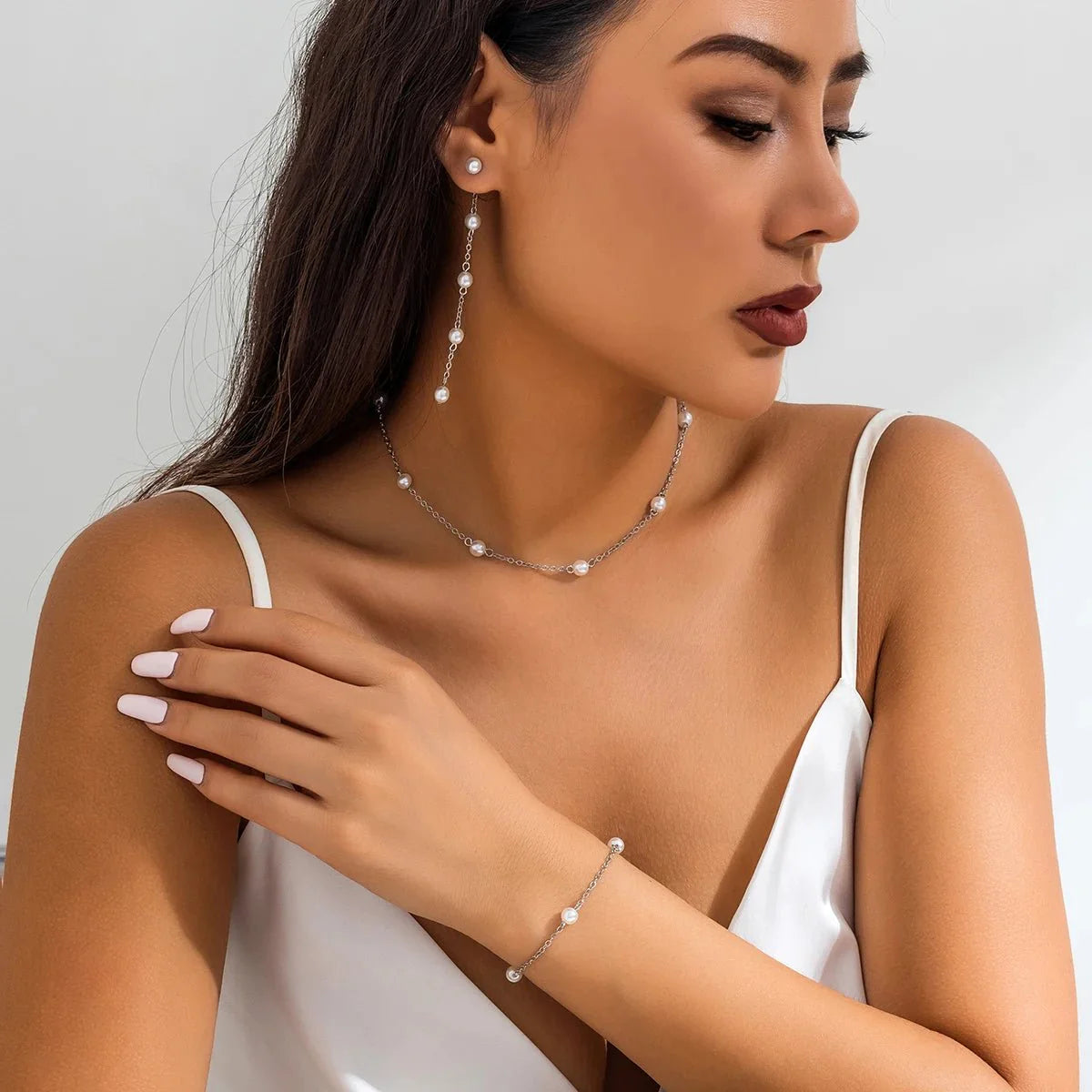 Brehn | Zarte Kettenperlenarmband-, Halsketten- und Ohrring-Set