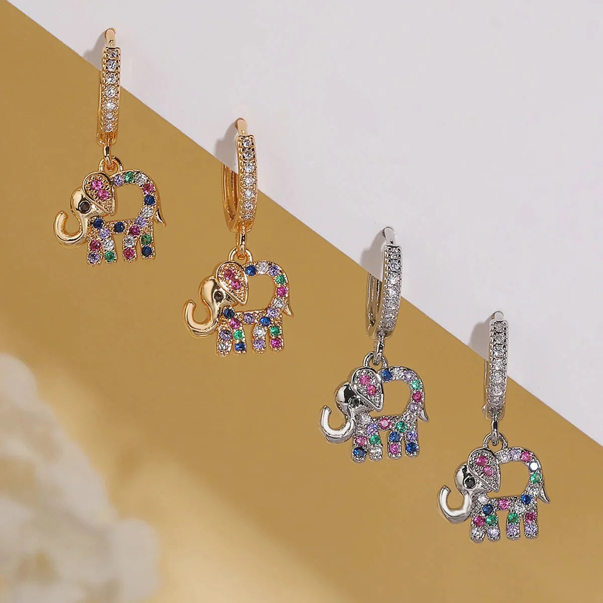 Brehn | Zierliche Bunte Diamant Elefanten Umriss Ohrringe
