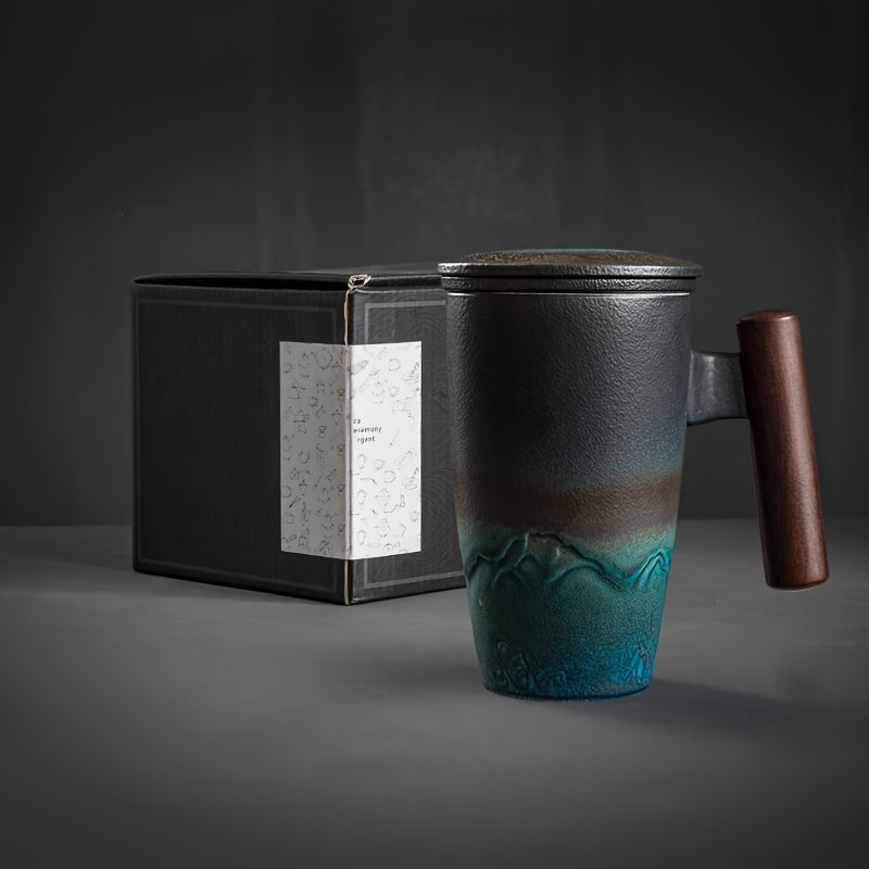 Brehn | TeaCraft Ceramic Mug | Handcrafted | With Tea Filter and Wooden Handle | Retro Design