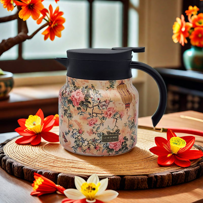 Teethermoskanne mit Vintage-Blumenmuster – mit integriertem Teesieb