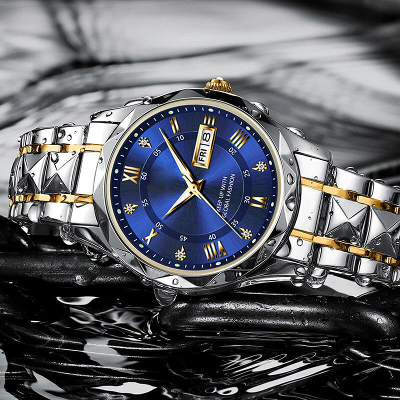Wasserdichte, leuchtende Herrenuhr aus zweifarbigem Edelstahl mit Quarzwerk