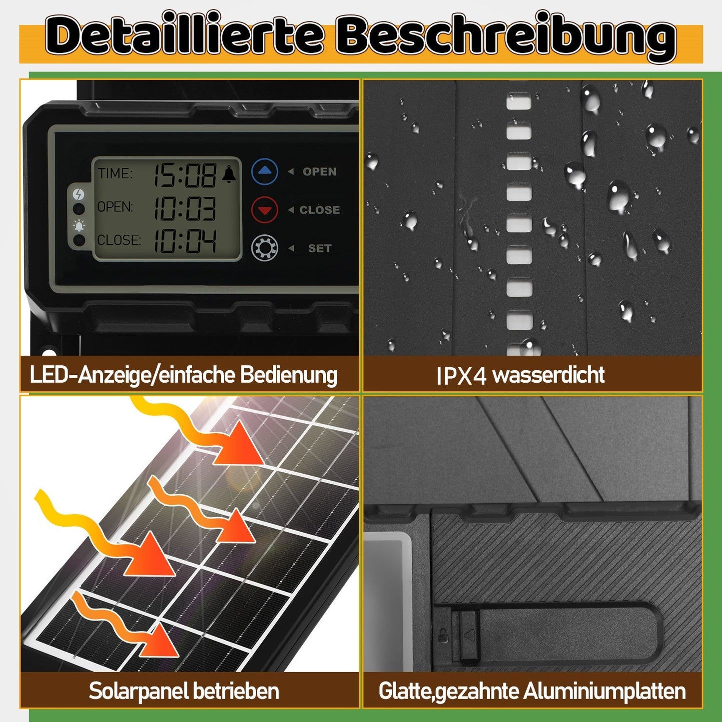 Elektrische Hühnerklappe Solar mit LED Display und Fernbedienung | Brehn