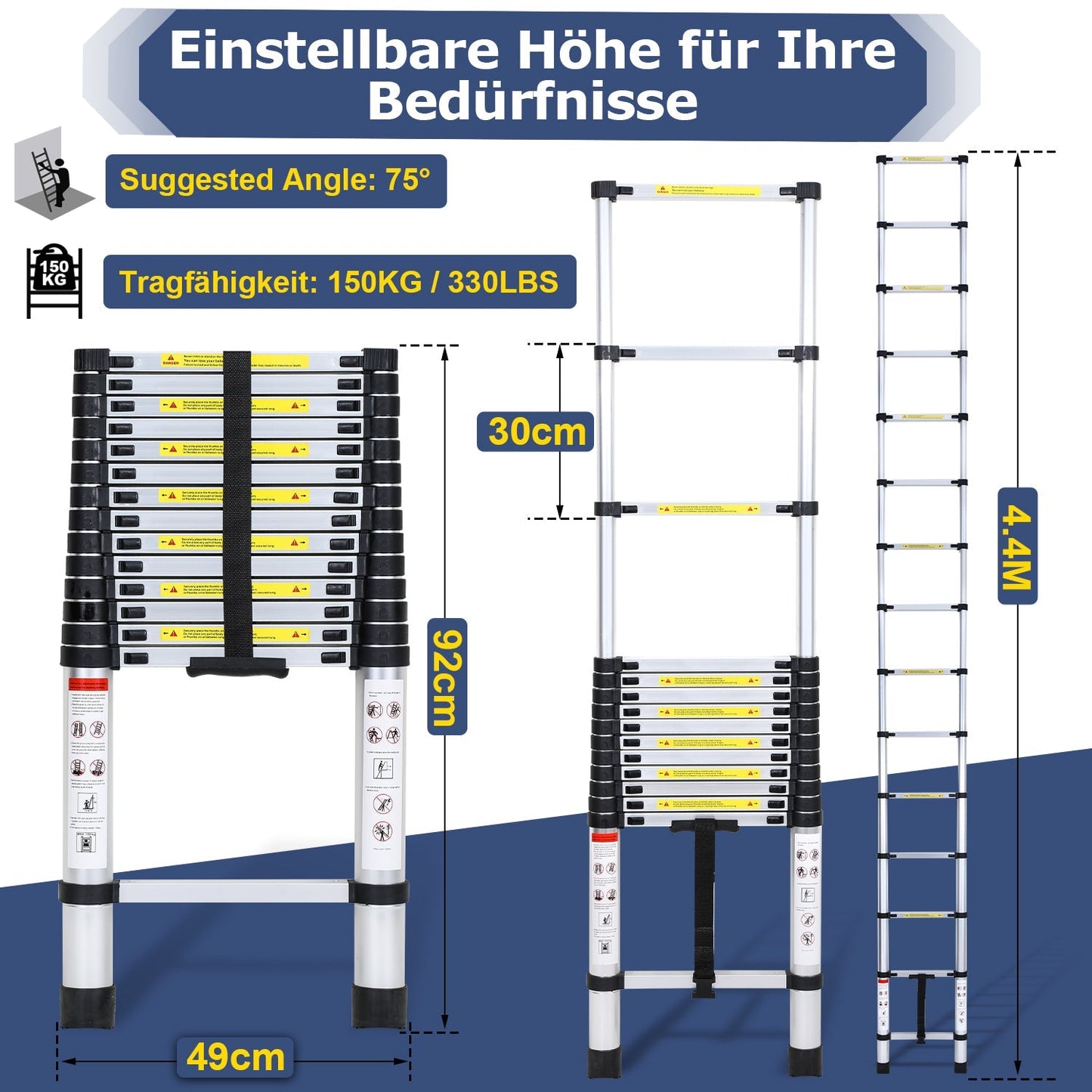 Teleskopleiter Aluminium Belastbarkeit bis zu 150kg 2.6m-5m | Brehn