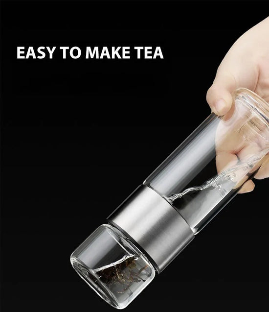 Thermobecher mit Teefilter – Glas & Holz – Doppelwandig – 500 ml – ClearTherm | Brehn
