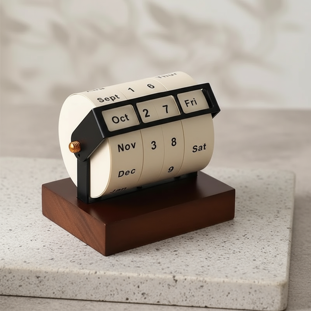 Brehn | Mid-Century Rotierender Holz Perpetual Schreibtischkalender