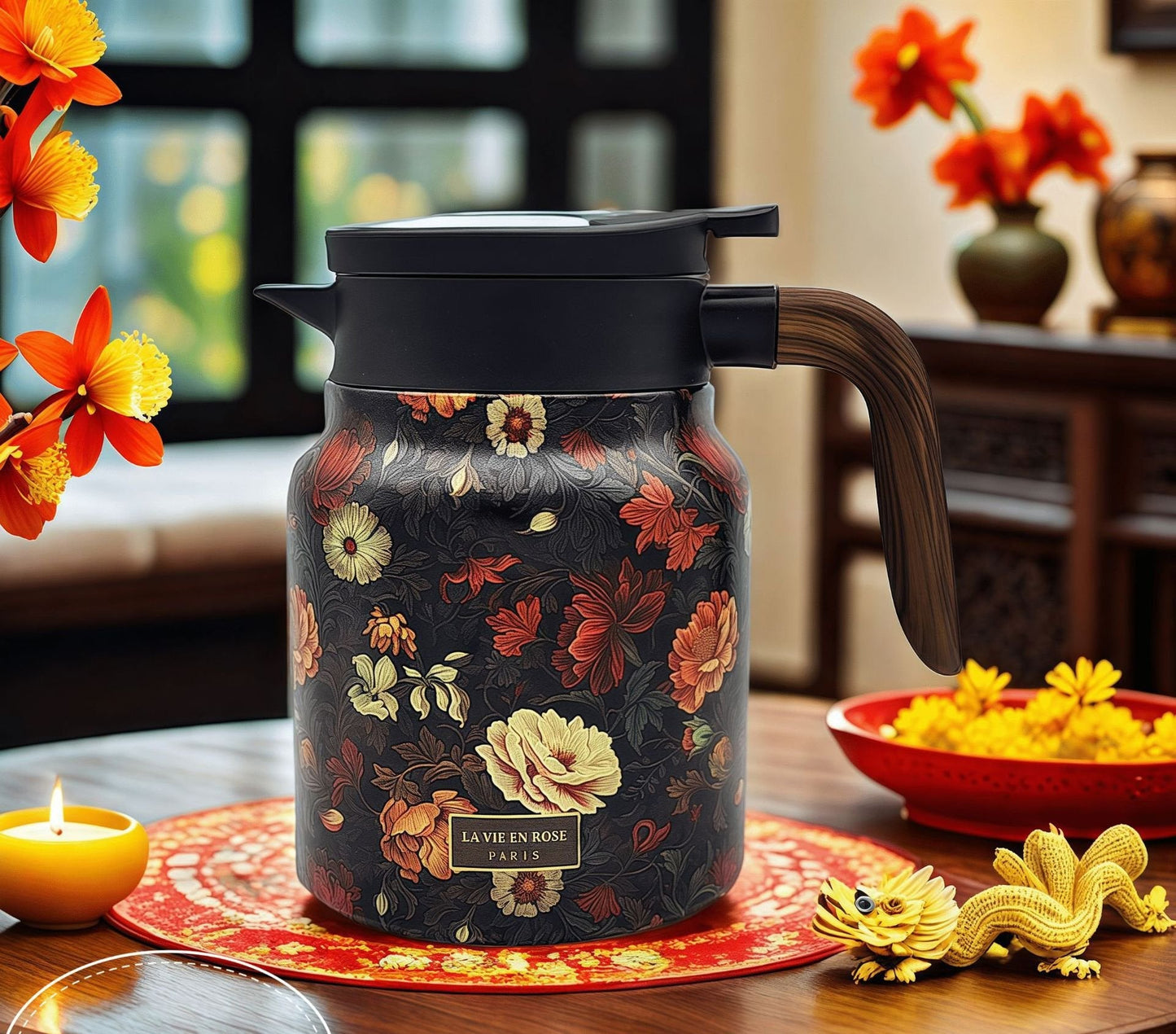 Teethermoskanne mit Vintage-Blumenmuster – mit integriertem Teesieb