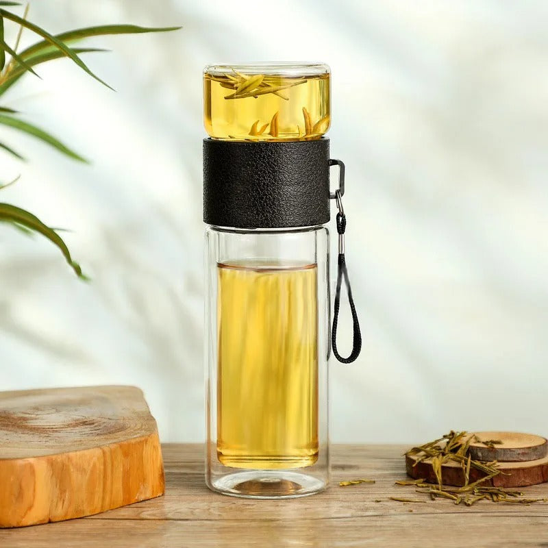 Thermobecher mit Teefilter – Glas & Holz – Doppelwandig – 500 ml – ClearTherm | Brehn