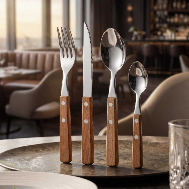 Besteckset 12-teilig, Edelstahl mit Holzgriff