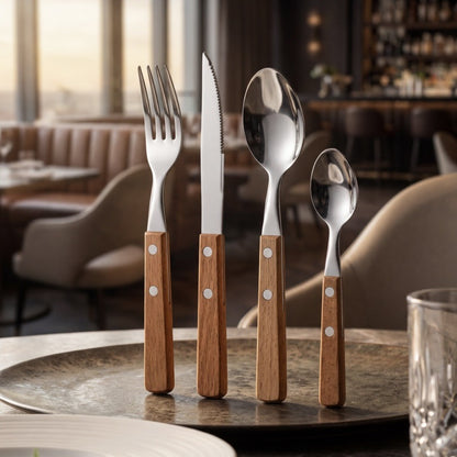 Besteckset 12-teilig, Edelstahl mit Holzgriff